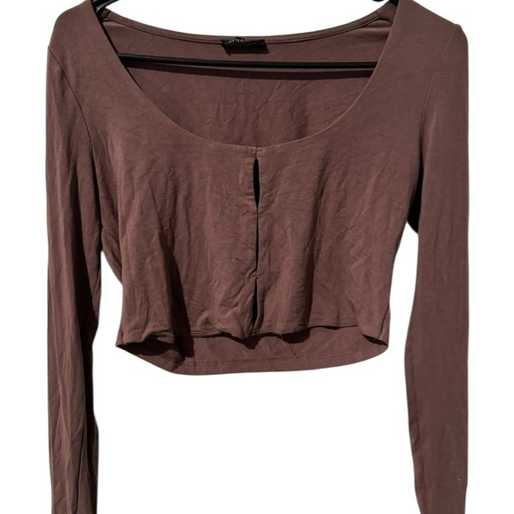 Dynamite Tops - Dynamite Brown Fitted Long Sleeve Crop Blouse